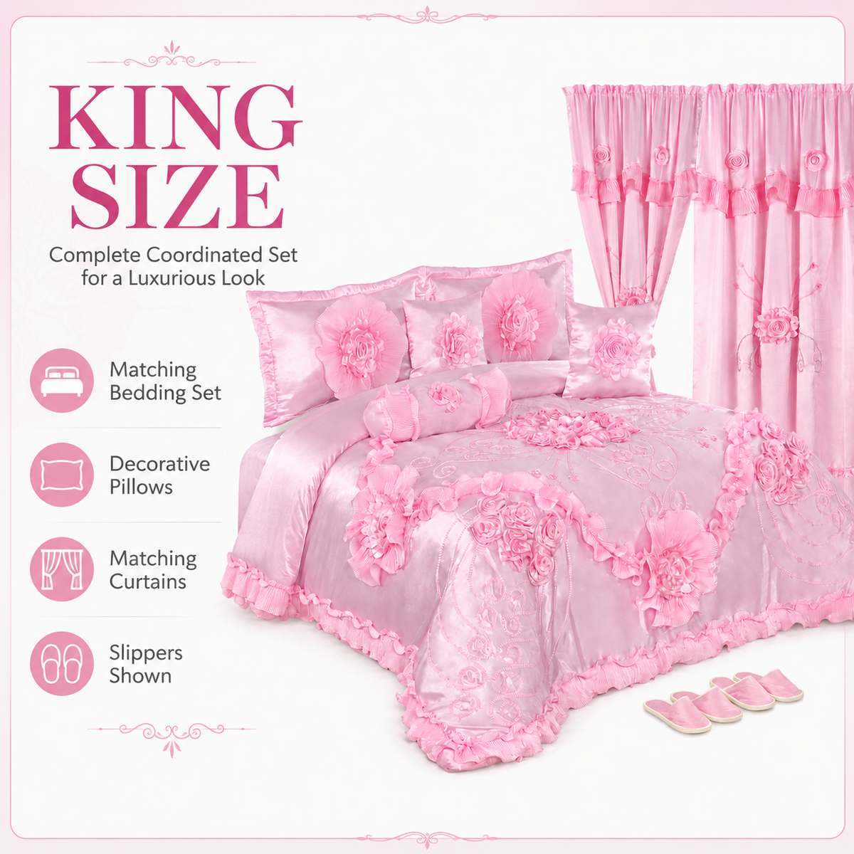 King Size 10 Piece Bedroom Bedding Set with Curtains & Slippers