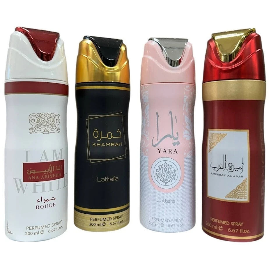 Lattafa Perfumed Body Spray (Pack of 4: Khamrah, Yara, Ana Abiyedh) — 200 mL each